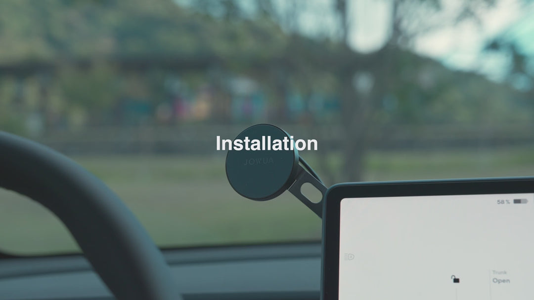 Video zur Installation und Nutzung der Tesla Model Y iPhone MagSafe Halterung, zeigt kabelloses Laden, magnetische und induktive Funktion.