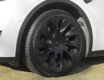 Tesla Model Y Radkappen 20 Zoll Überturbine in Schwarz mit aerodynamischem Design für sportlichen Look und optimalen Schutz.