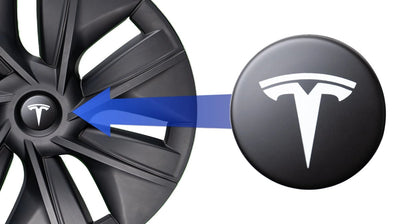 Tesla Model Y mit montierten 19 Zoll Gemini Radkappen in Schwarz, ideal für eine sportliche und elegante Optik, einfache Montage ohne Werkzeug.